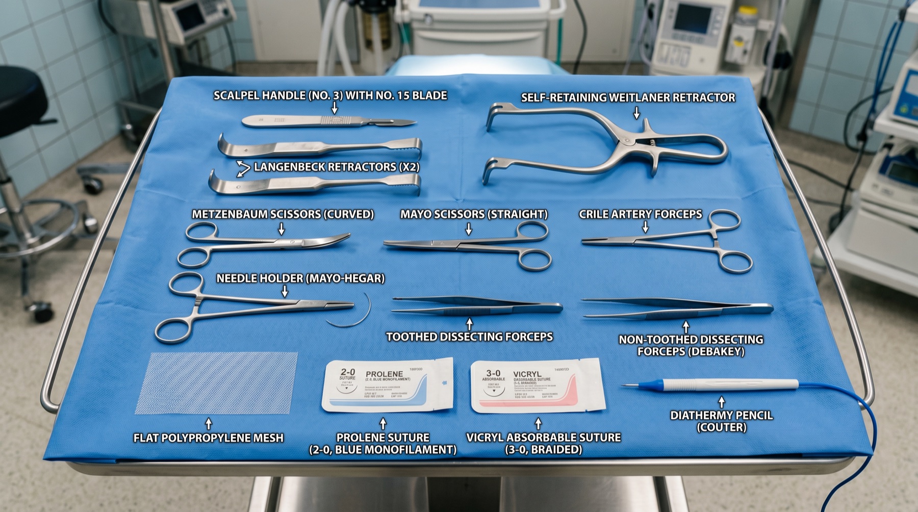 Open inguinal hernia repair instrument tray